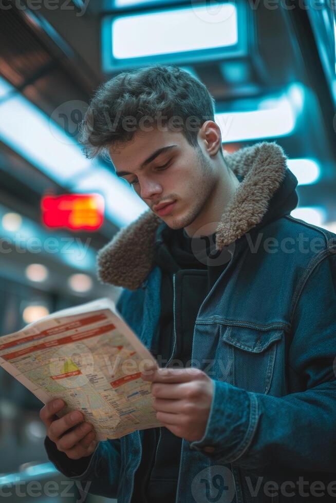 Young man reading a map while waiting in a subway station during the evening rush hour photo