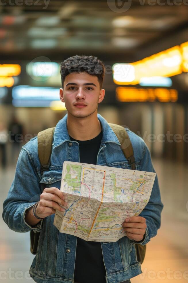 Young traveler studying a map in an underground transit station during daytime exploration photo