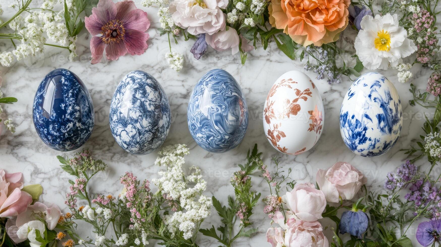 Decorative eggs arranged on a marble surface surrounded by colorful flowers for a festive spring celebration photo