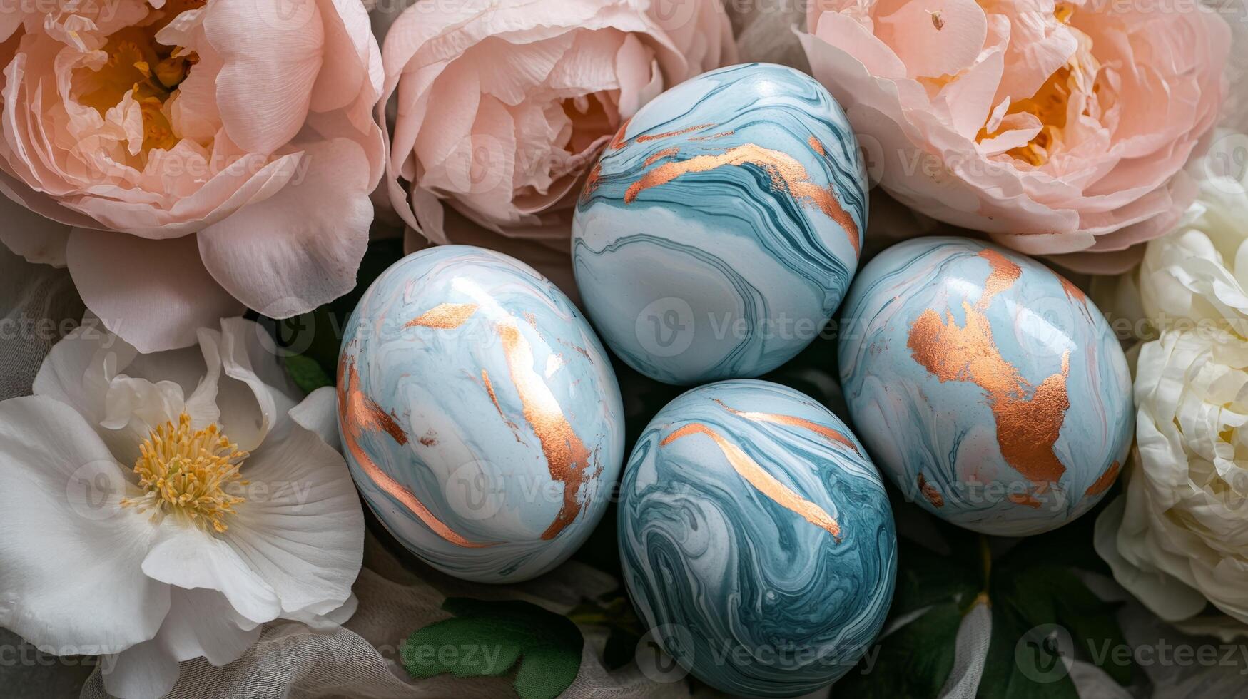 Colorful marbled Easter eggs surrounded by fresh flowers in a spring arrangement photo