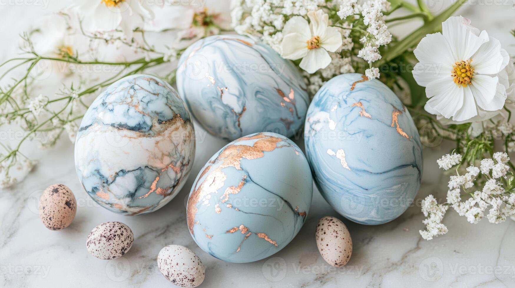 Decorative eggs with marble patterns and floral accents on a marble surface, captured in a soft light setting photo