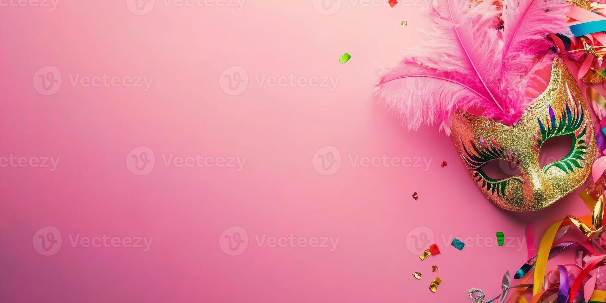 Colorful mask with feathers and confetti against a pink background celebrates festive occasions and joyful gatherings photo