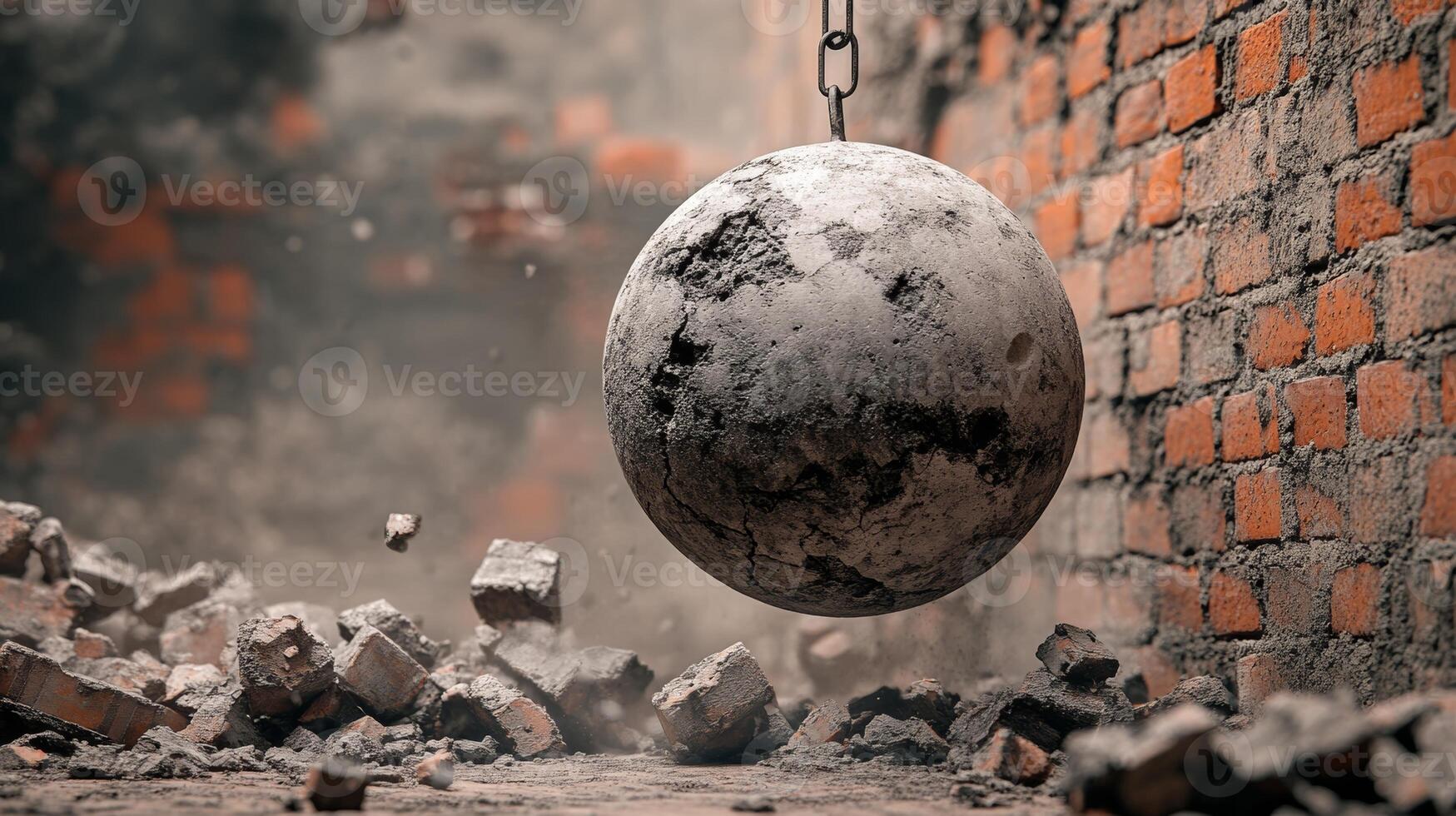 Heavy wrecking ball swinging in a construction site surrounded by debris and brick walls photo