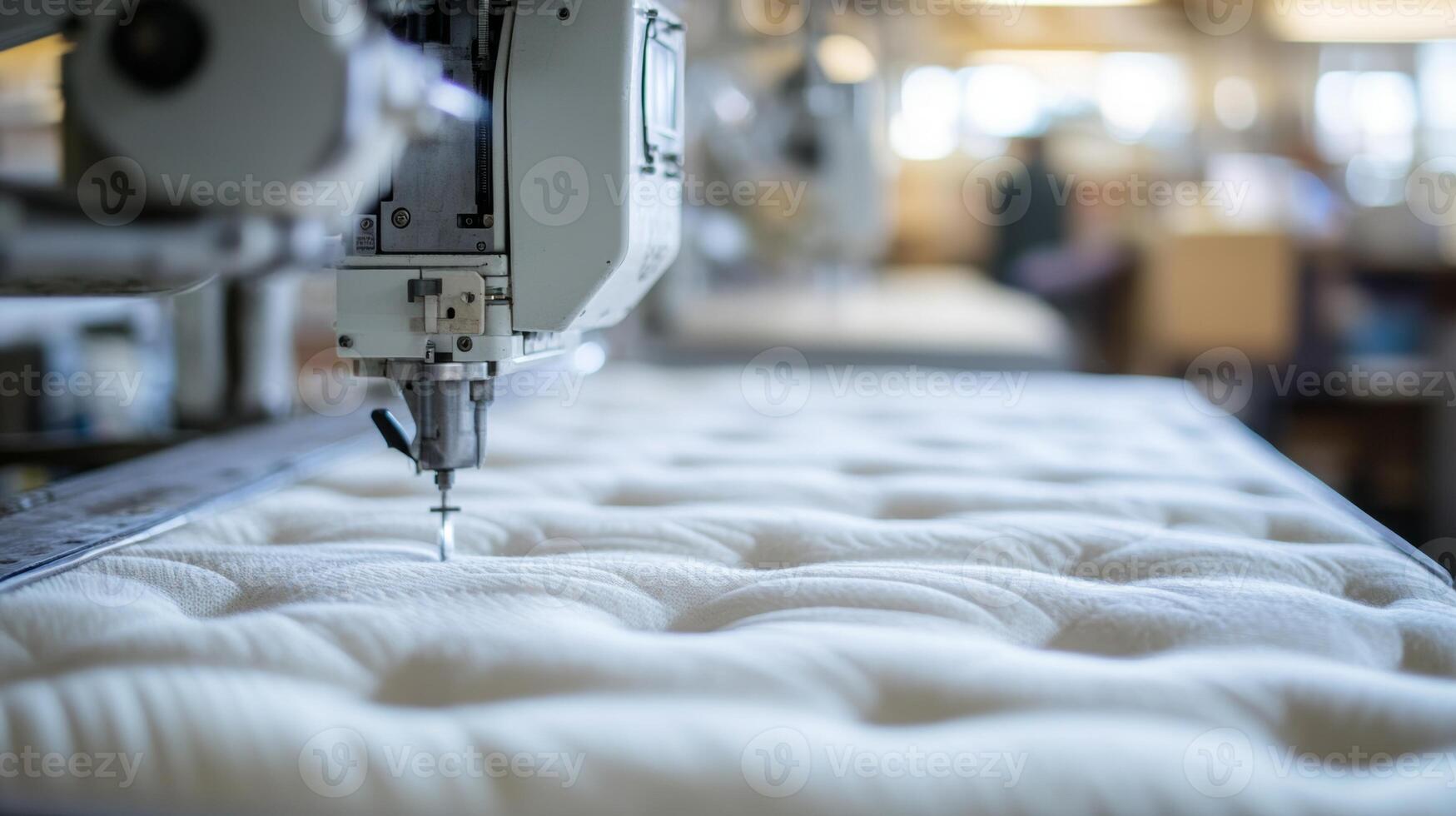 Industrial sewing machine stitching fabric in a textile factory during daylight hours photo