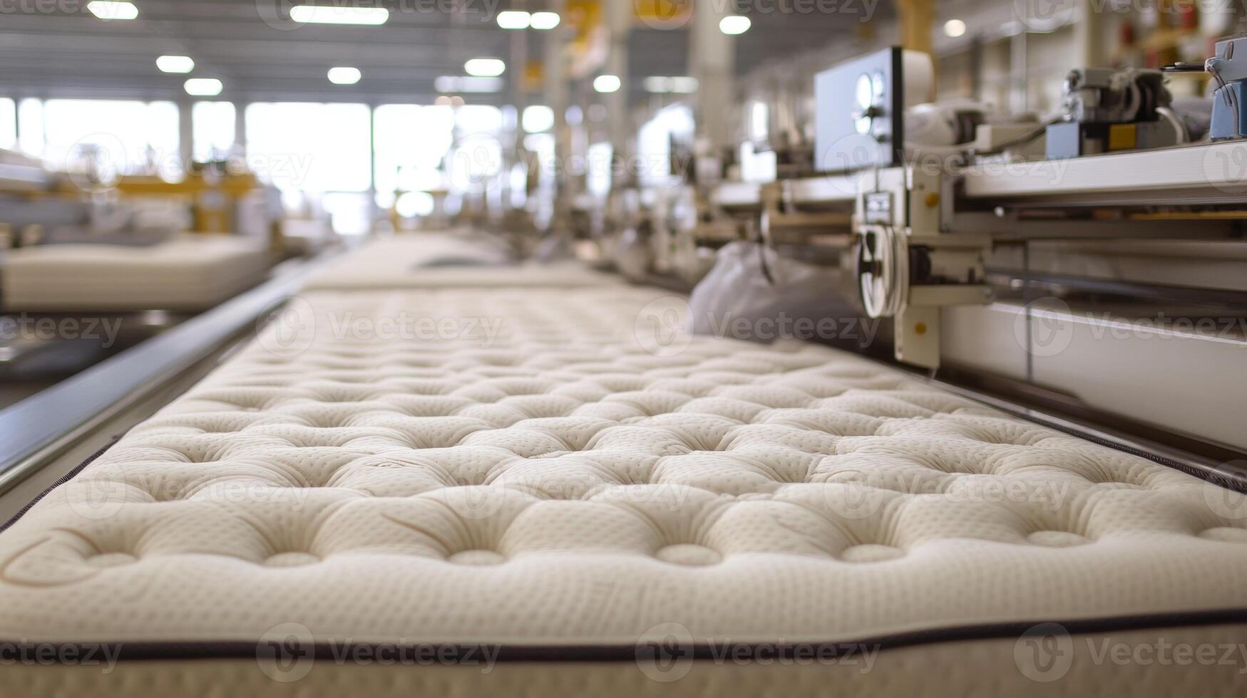 Manufacturing process of luxury mattresses in a spacious factory during the day with machines and workers involved photo