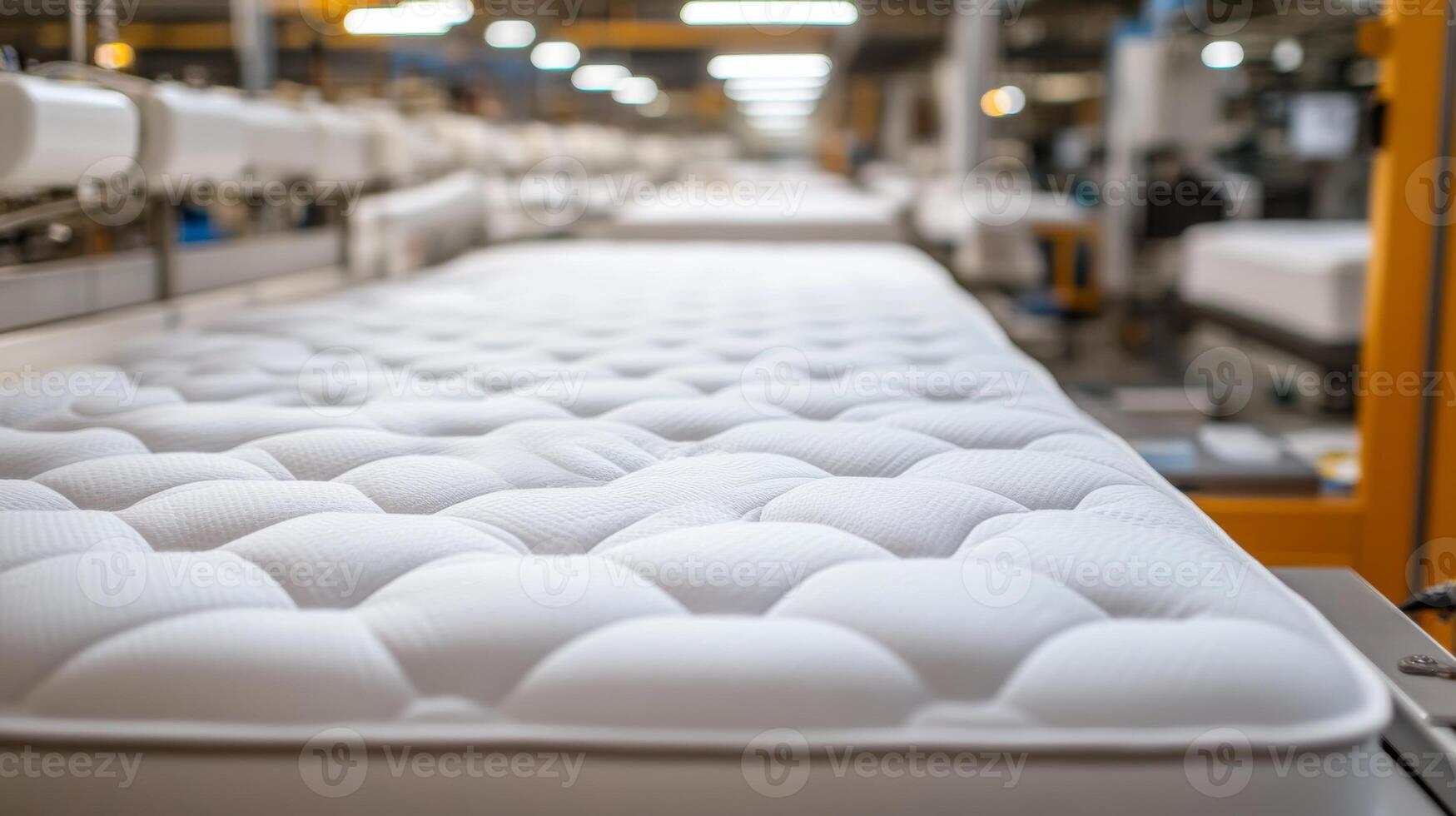 Fabrication of mattresses in a large industrial facility during the day with multiple assembly lines visible photo