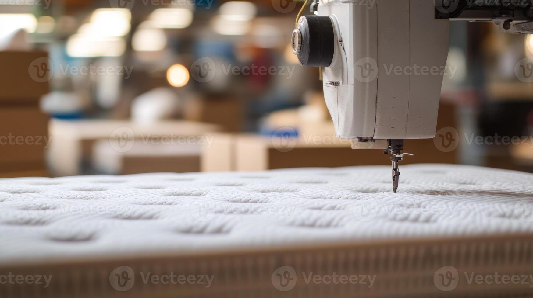 Sewing machine in a factory working on a mattress production line during day shift photo