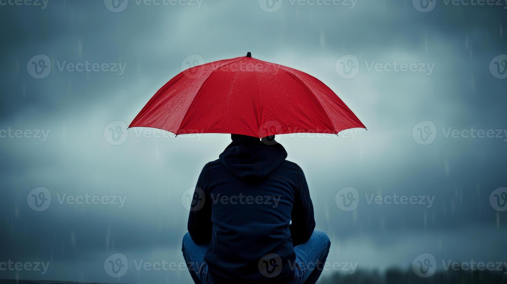 Person sitting under a red umbrella watching the rain in a cloudy, moody landscape photo