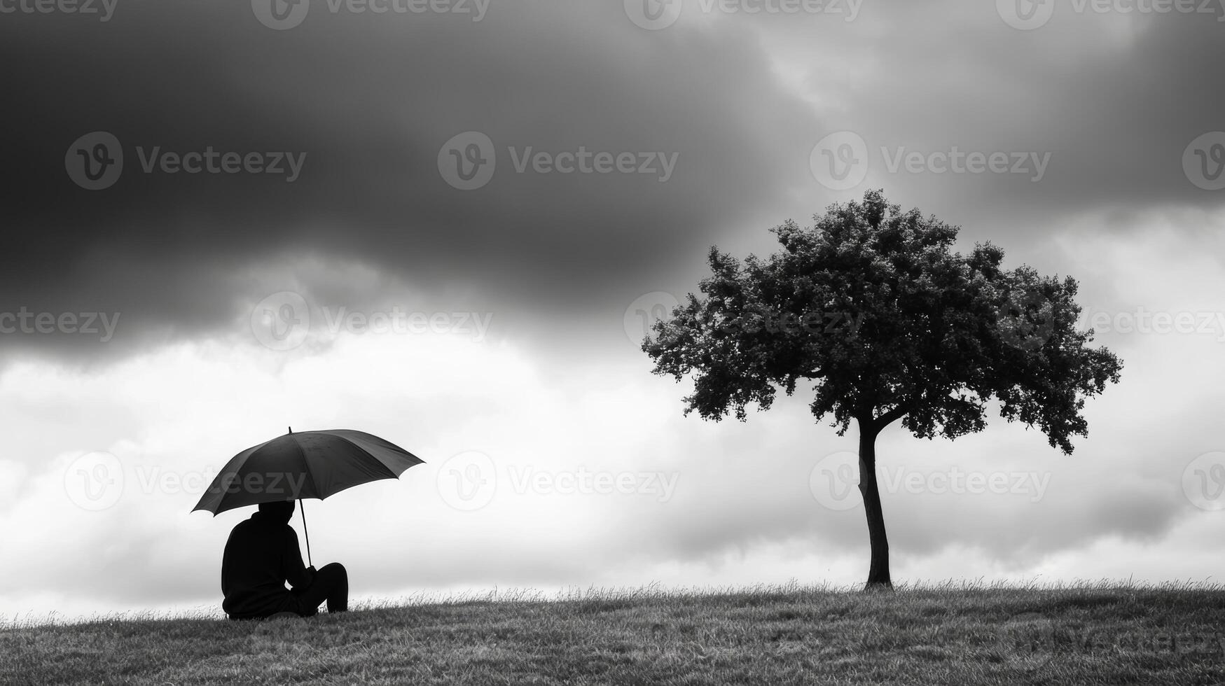 Person with umbrella sitting on hill under cloudy sky near lonely tree in a serene landscape photo