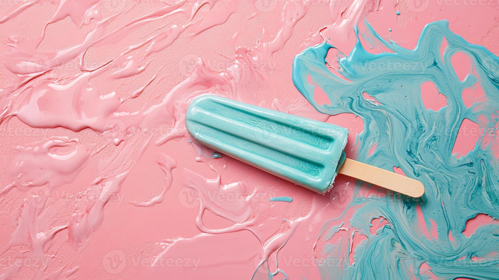 Bright blue popsicle rests on pink and blue swirled background in a fun summer setting photo