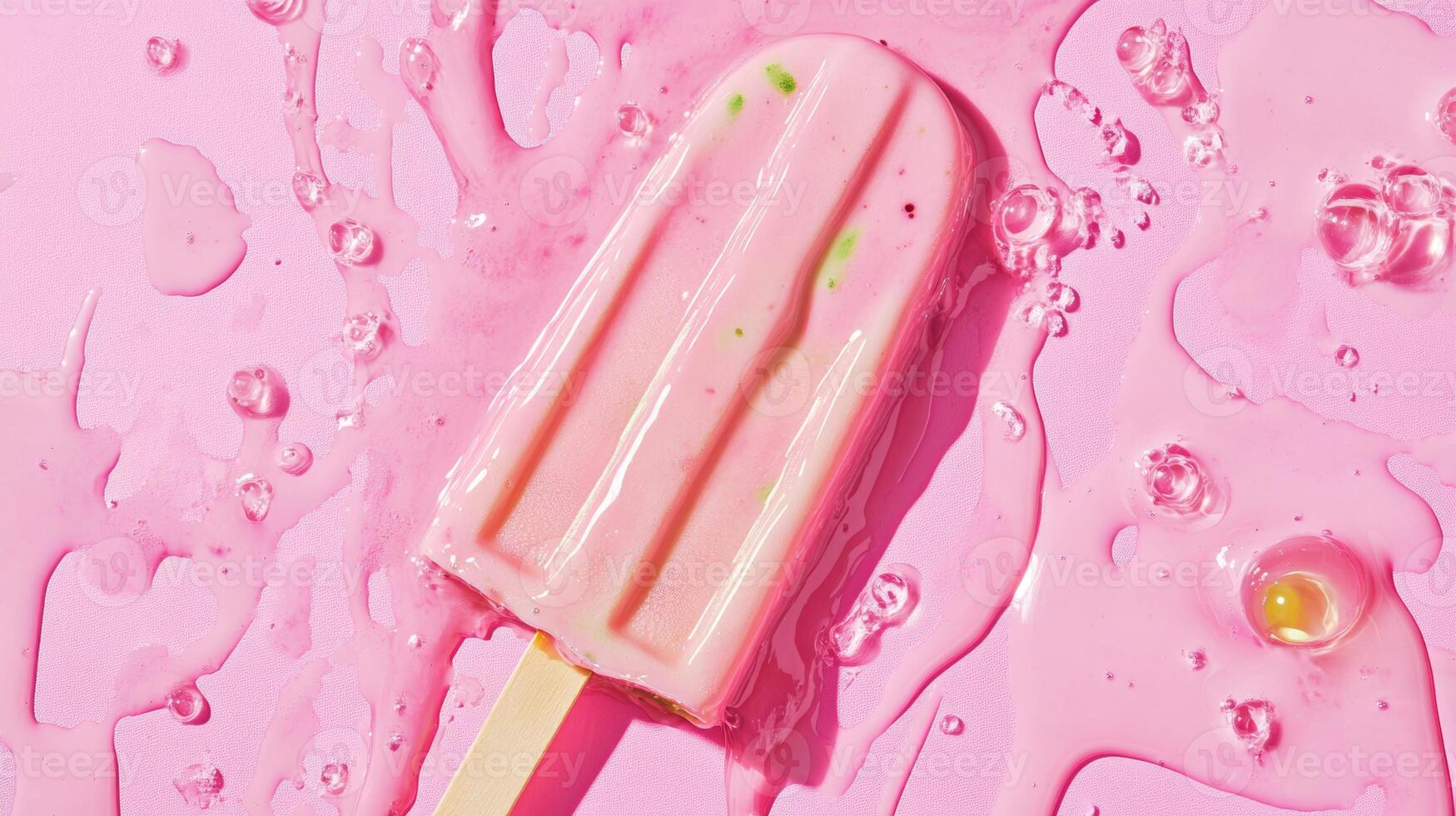Delicious pink popsicle melting on a vibrant pink surface with water droplets under bright light photo