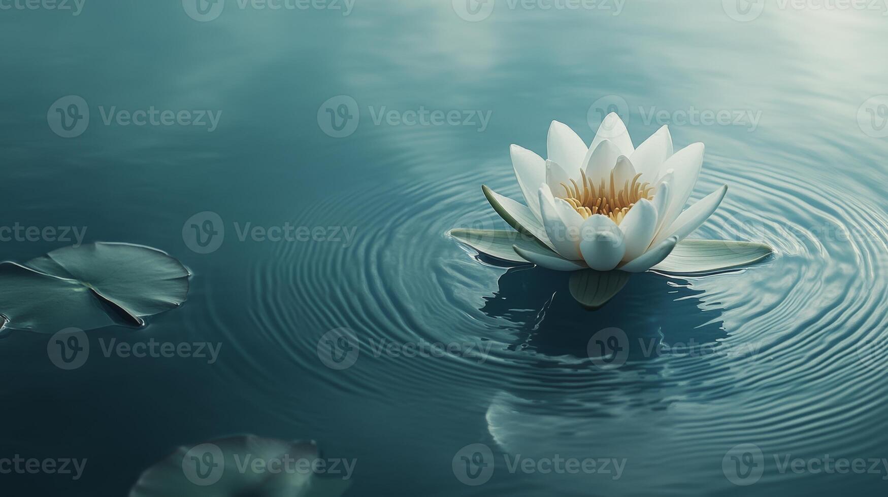 Flower blooms gracefully in calm water with ripples reflecting soft light photo