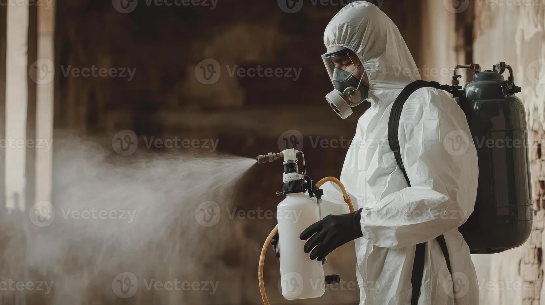 Person in protective gear sprays disinfectant in an abandoned building during a sanitization effort at midday photo