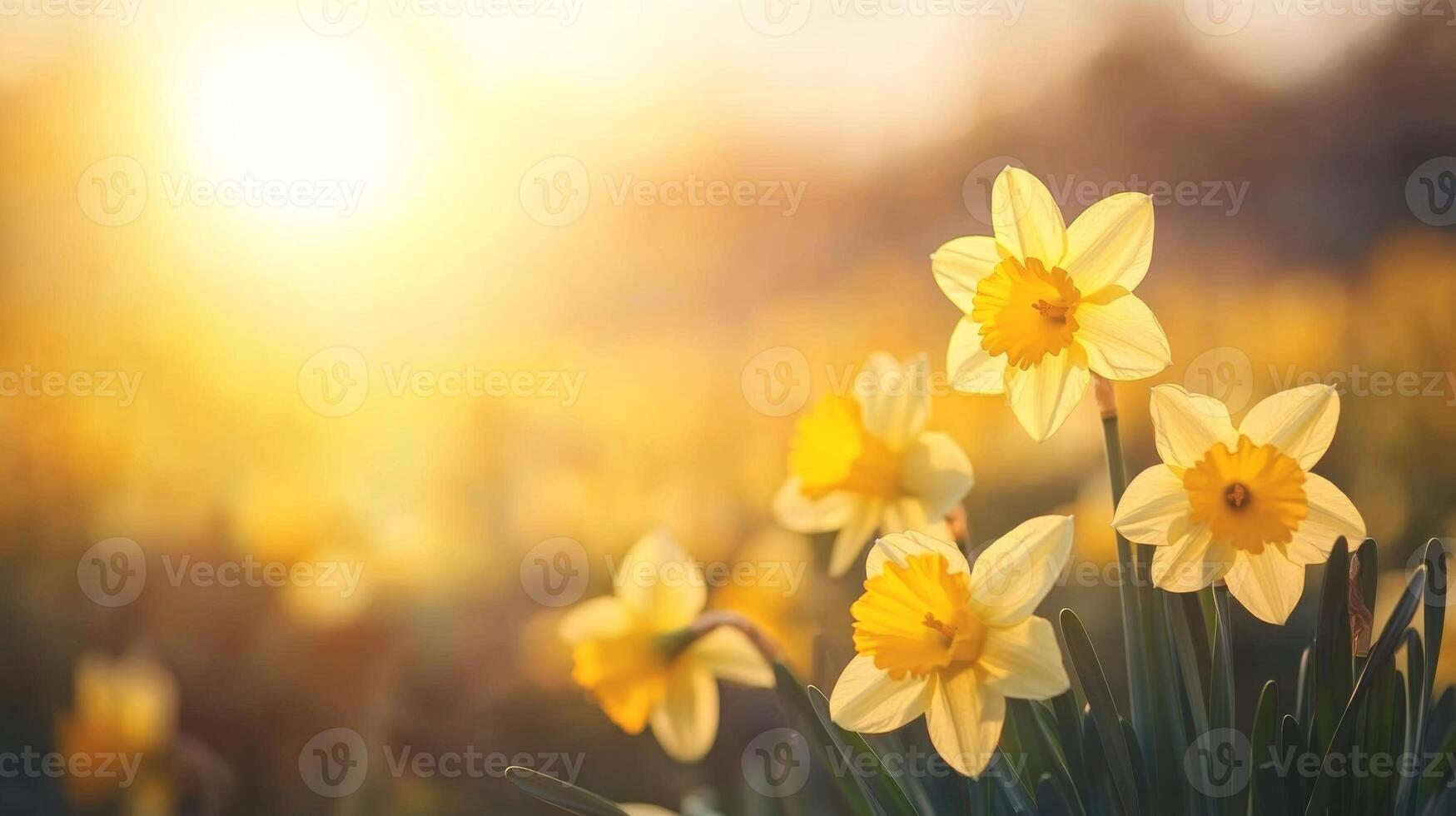 Beautiful yellow daffodils bloom under warm sunlight in a spring garden at sunrise depicting nature's vibrant colors photo