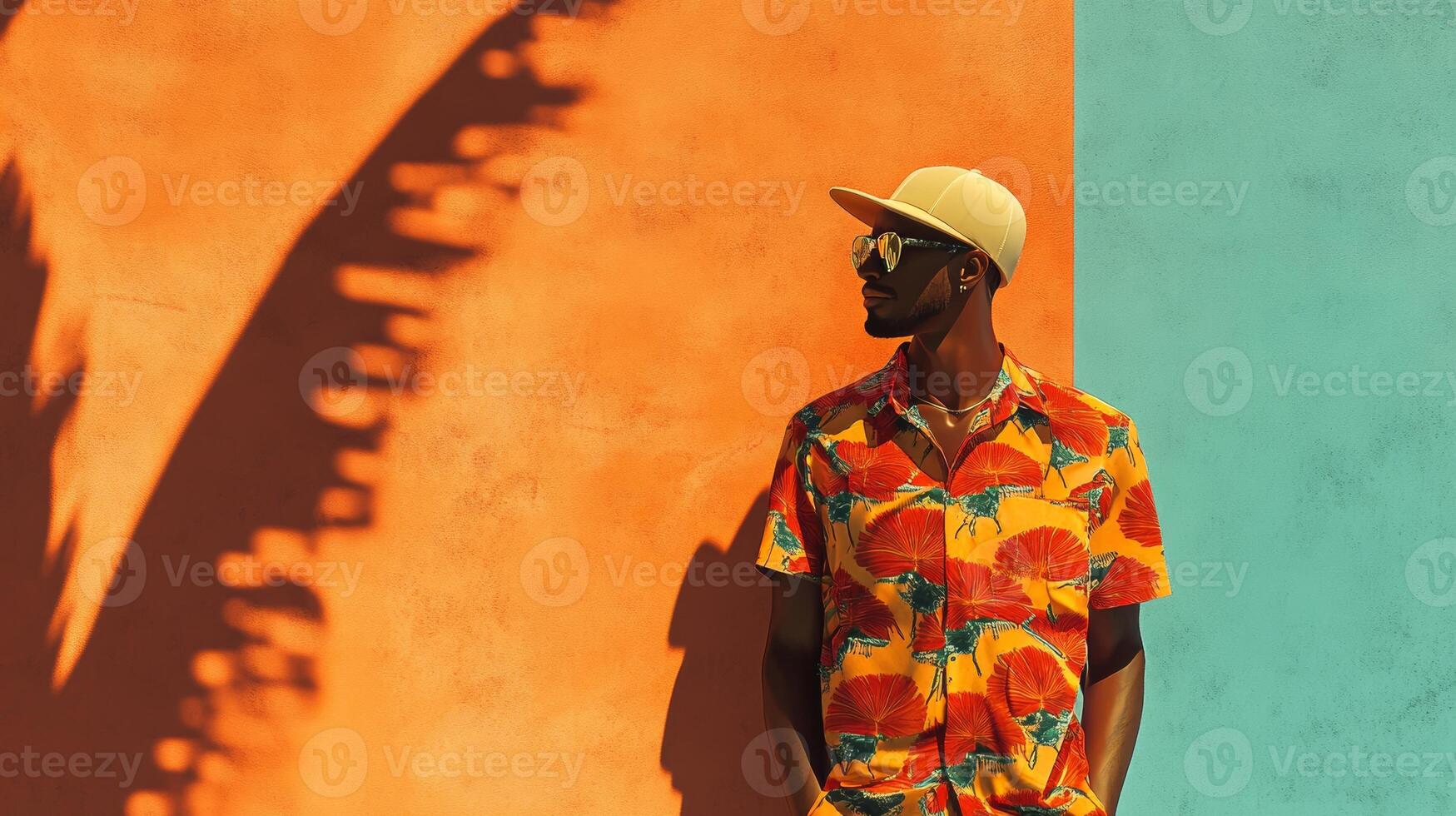 Bright urban fashion statement in tropical-inspired attire against colorful wall during sunny day photo