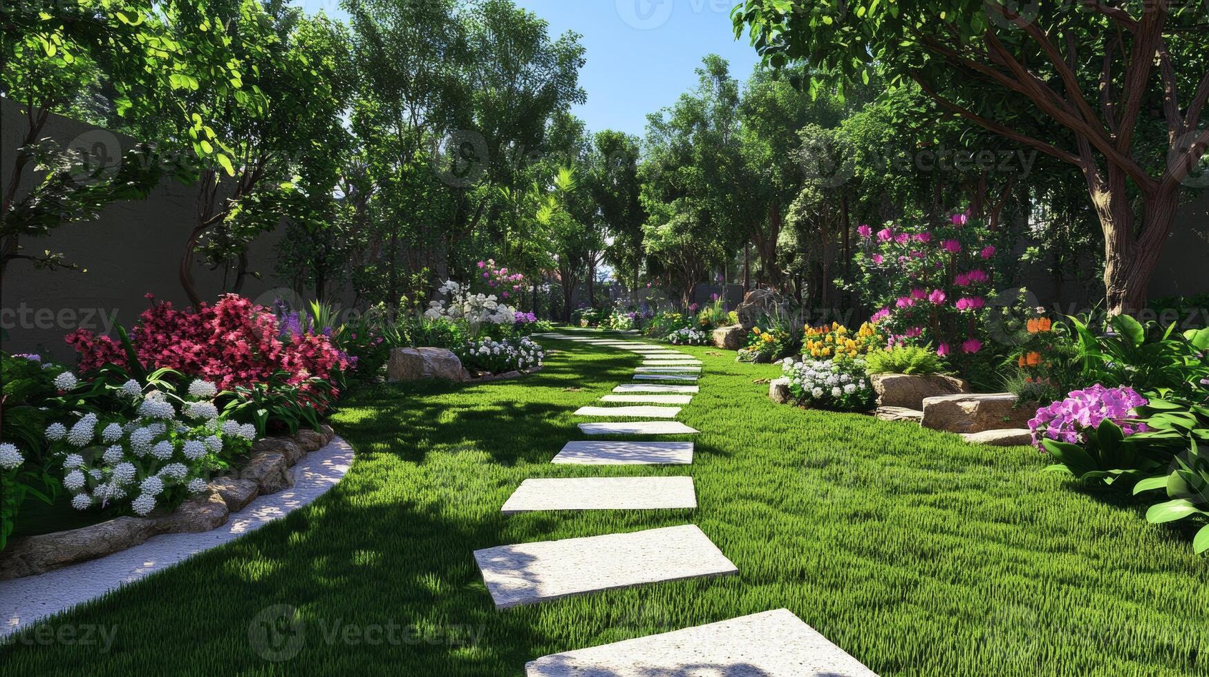 Beautiful lush garden path with vibrant flowers and greenery under clear blue sky photo