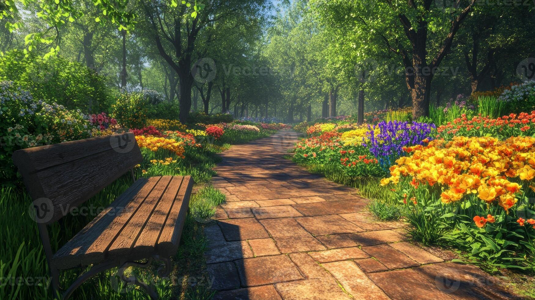 Vibrant flower garden with winding path and park bench in bright morning light photo
