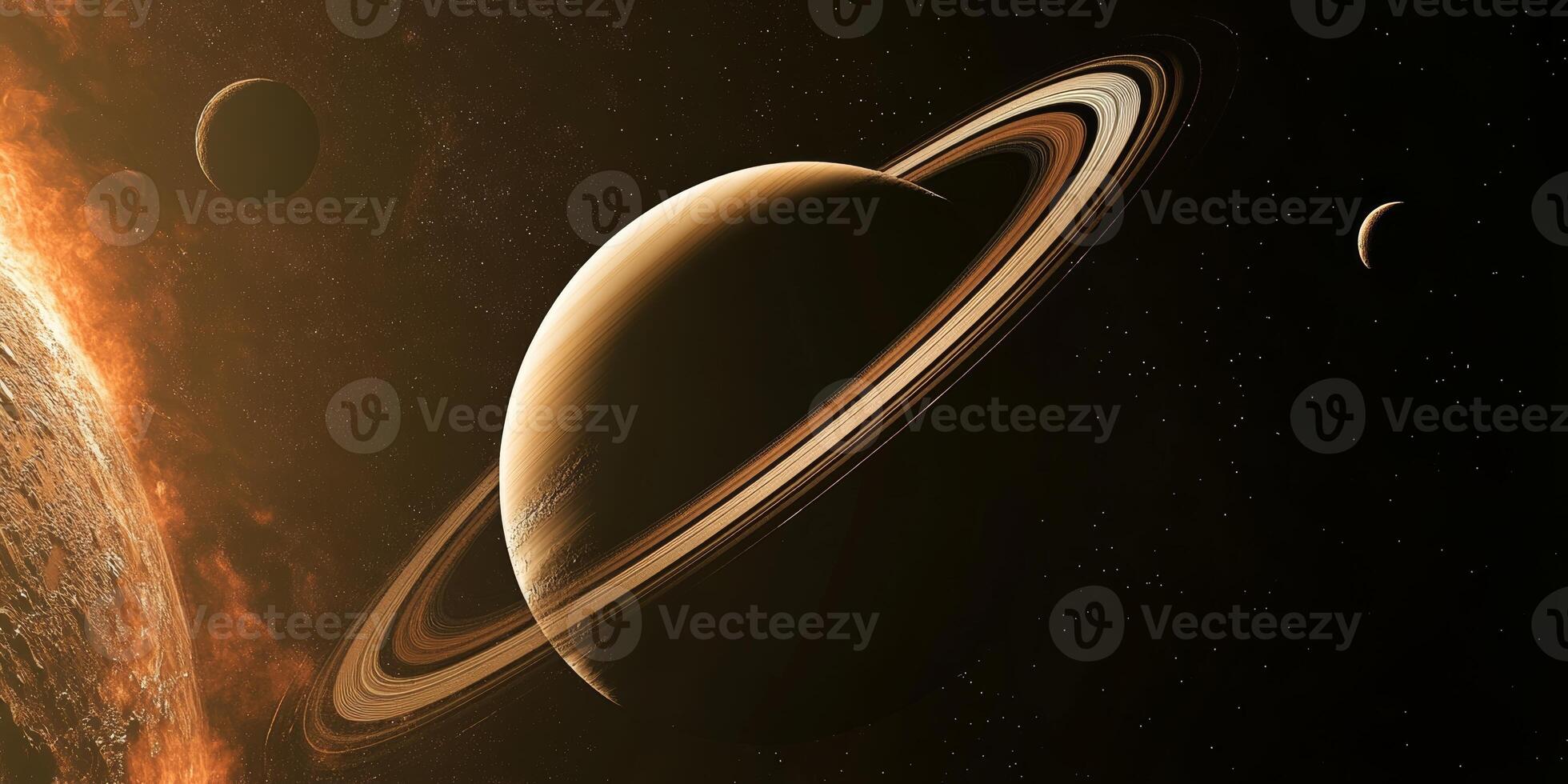 Saturn with stunning rings and surrounding celestial bodies captured in space photo