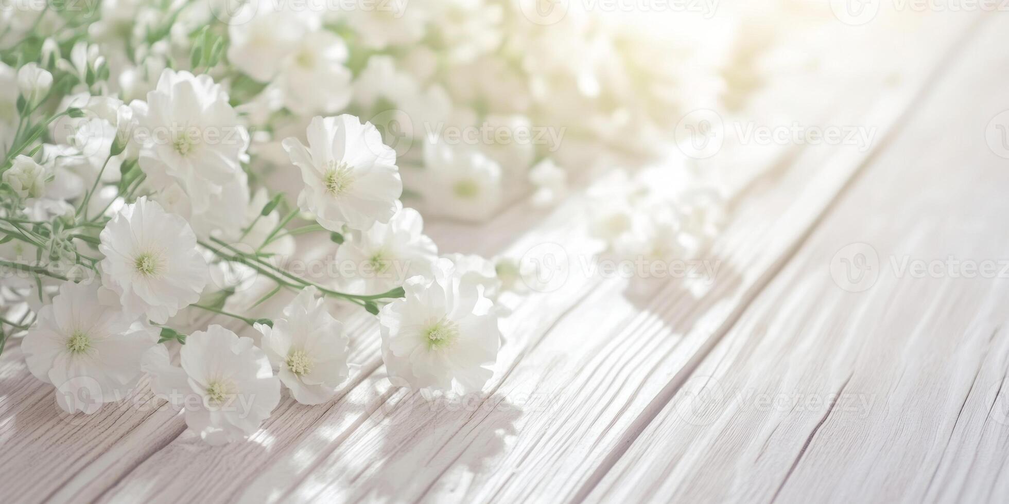 Fresh white flowers spread beautifully along a light wooden surface, creating a serene and peaceful atmosphere photo