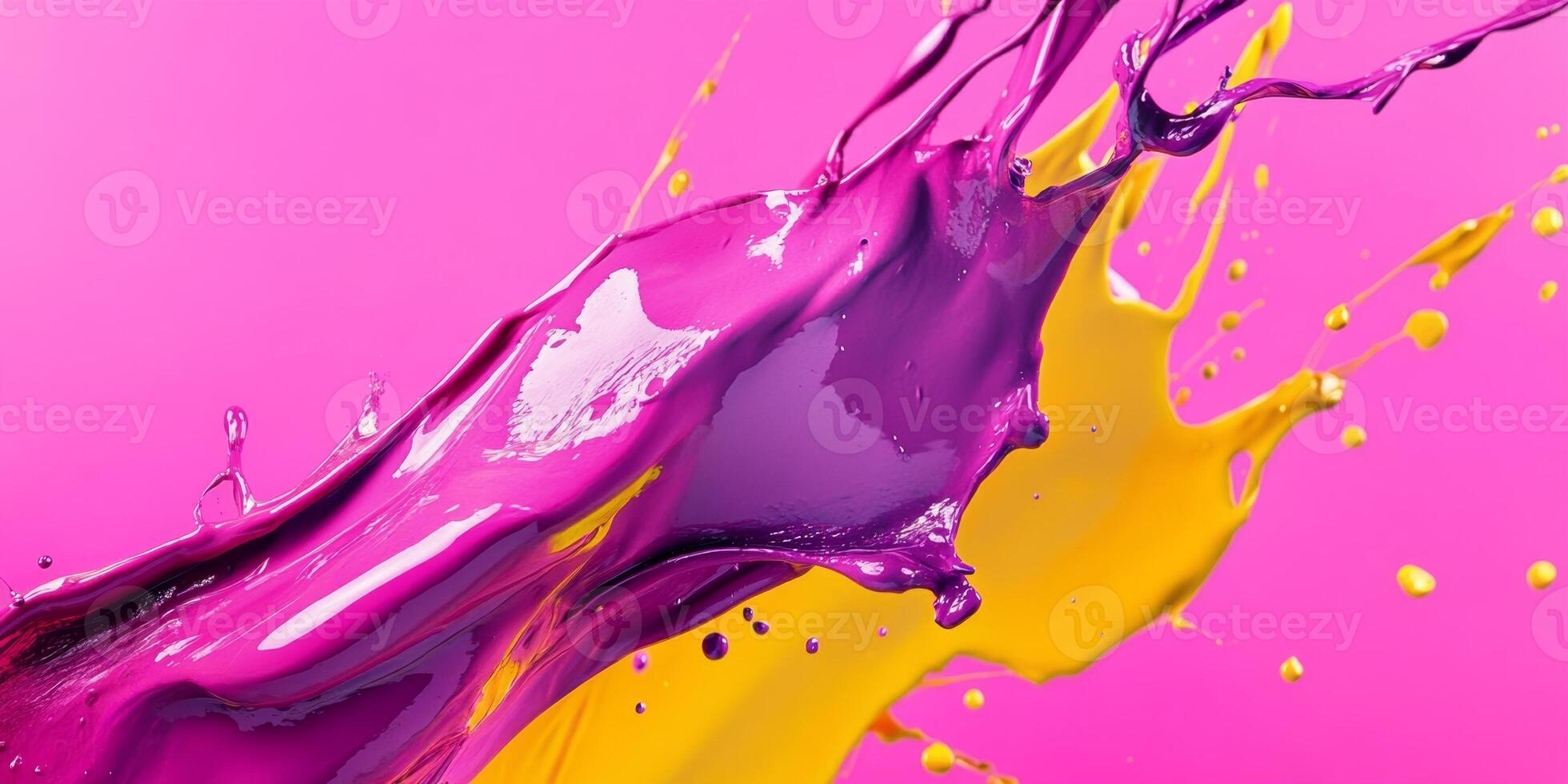 Vibrant splashes of purple and yellow paint create an abstract design against a bright pink background photo