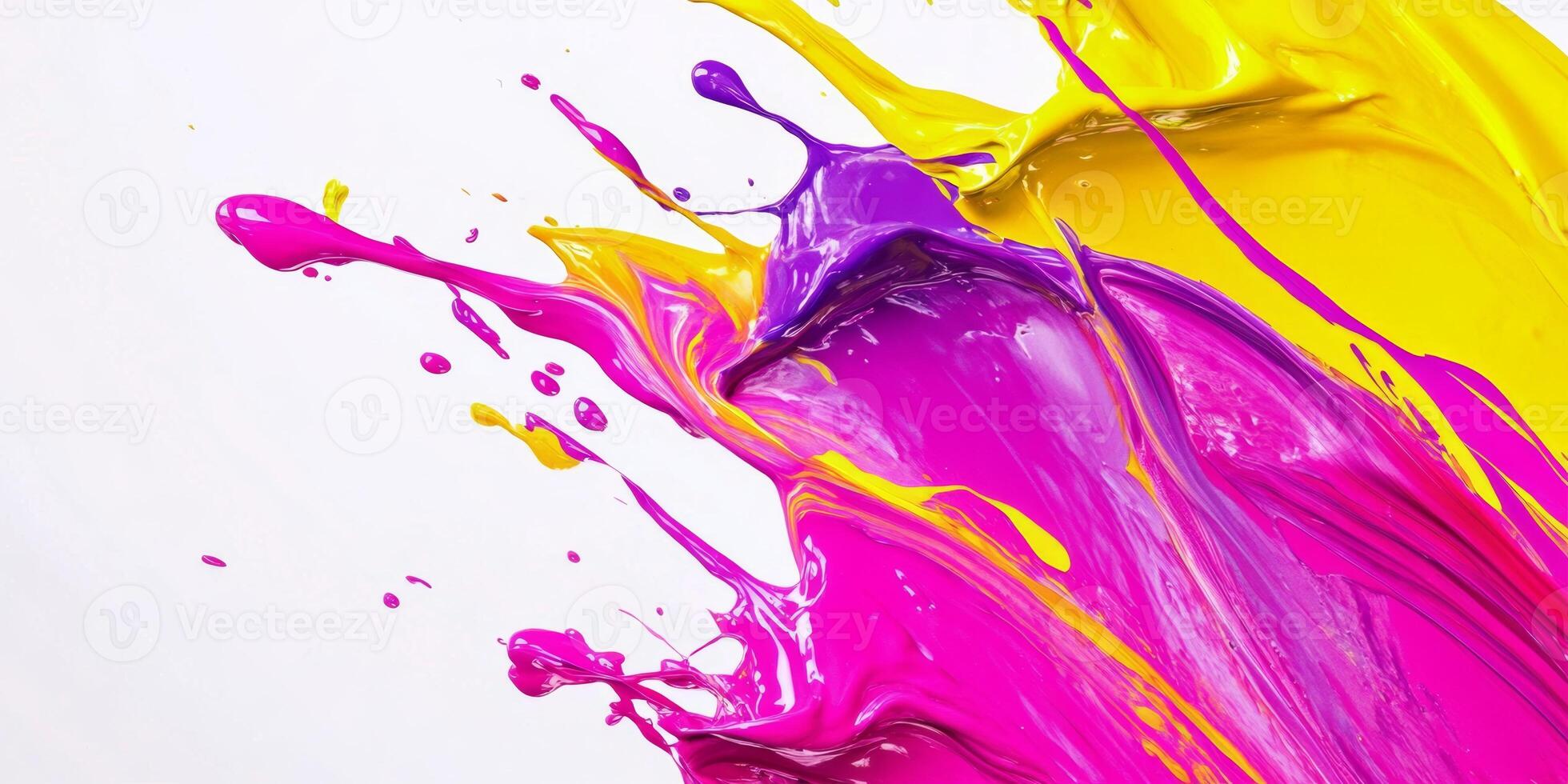 Vibrant splashes of purple and yellow paint create an abstract artwork in a dynamic display of color photo