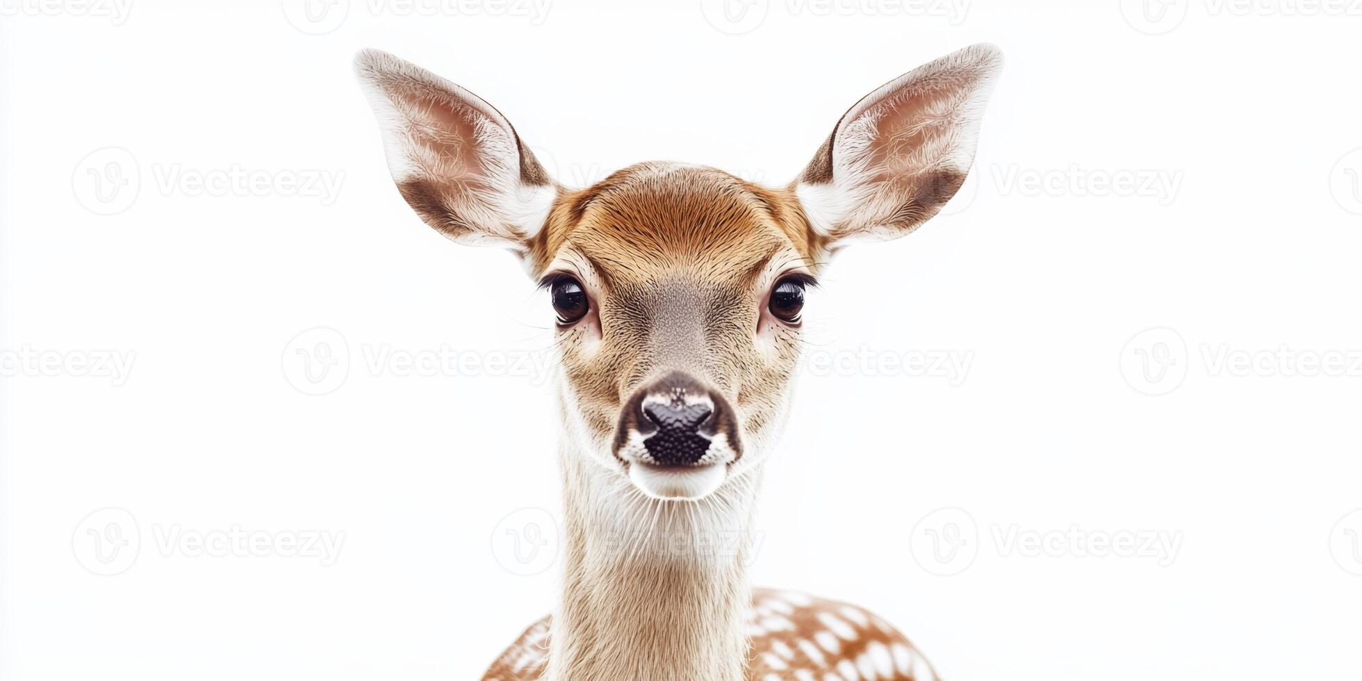 Young fawn stands calmly in front of a white backdrop displaying its delicate features and gentle expression photo