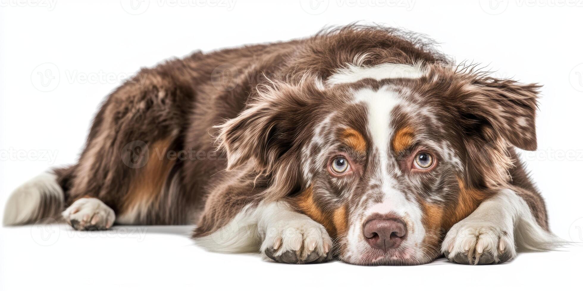 Brown and white dog with expressive eyes lying down calmly indoors on a bright, clean surface photo