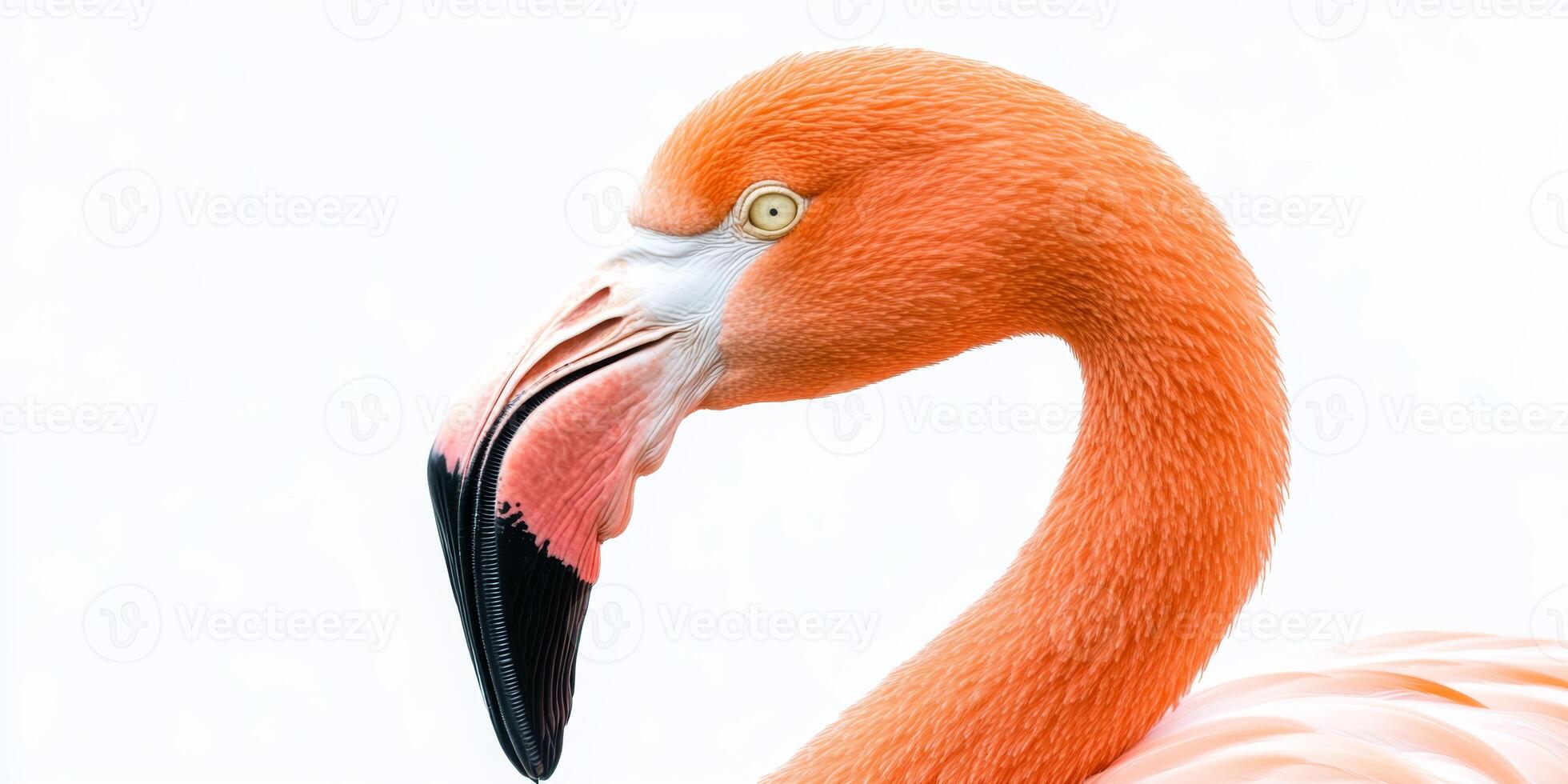 Flamingo stands gracefully with vivid orange plumage against a plain background photo