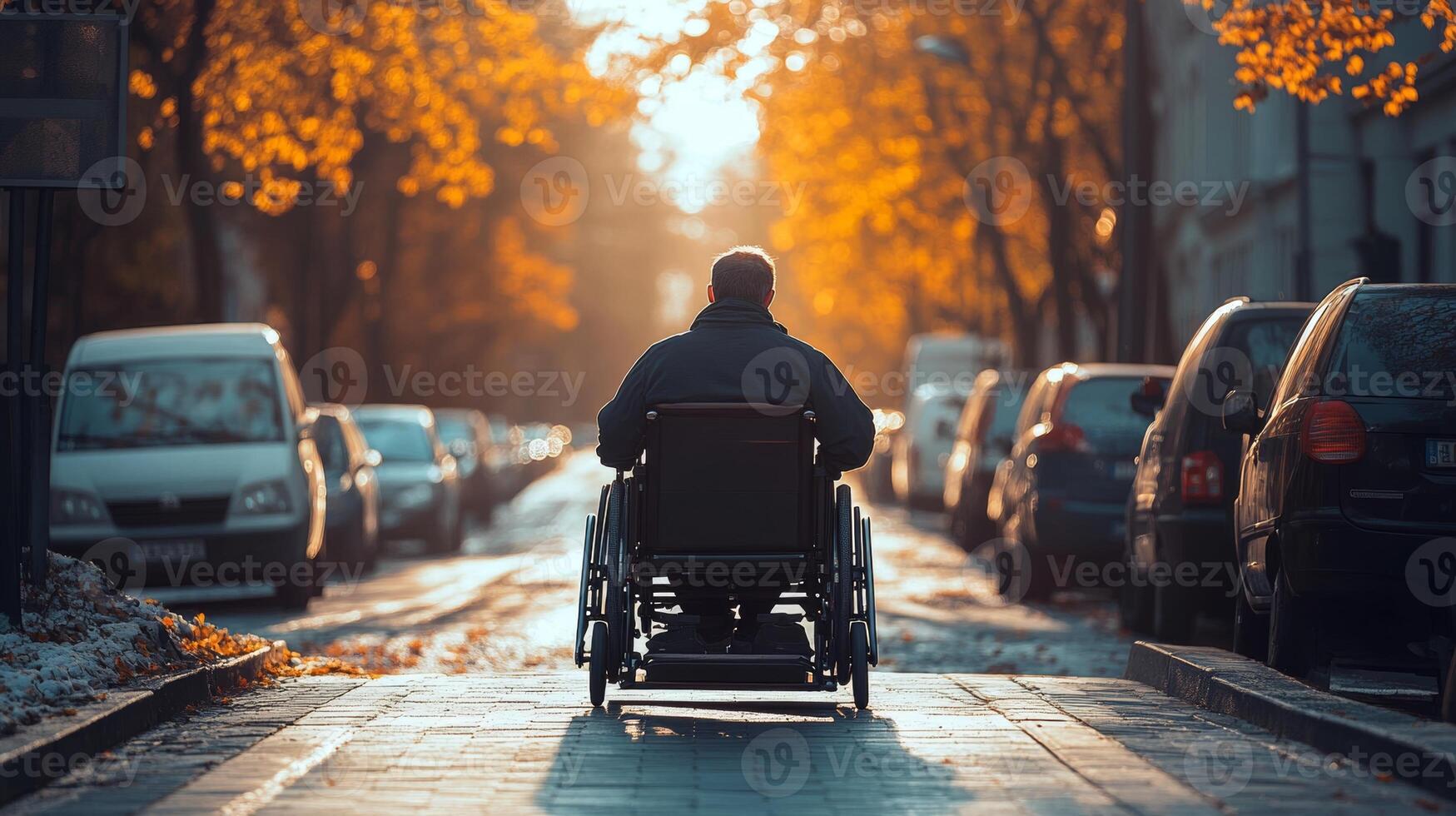 Wheelchair user navigating a sunlit autumn street lined with trees and parked cars in the late afternoon photo