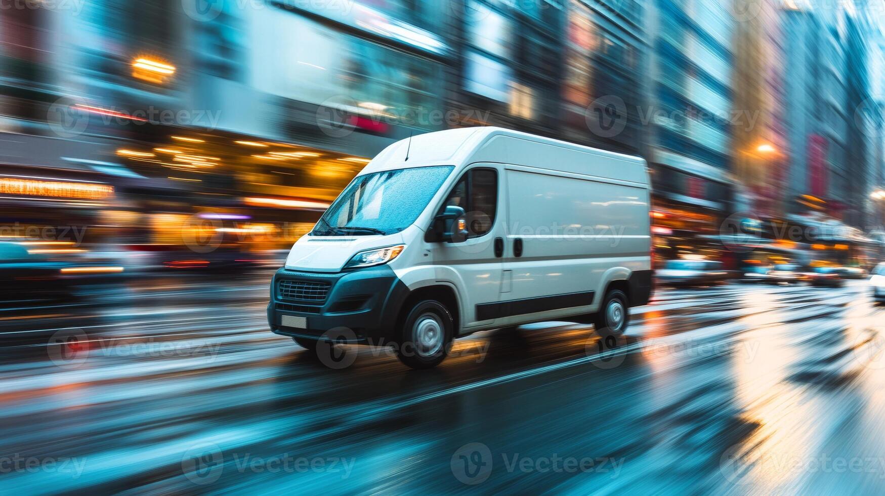 Delivery van speeds through busy city streets during a rainy evening photo