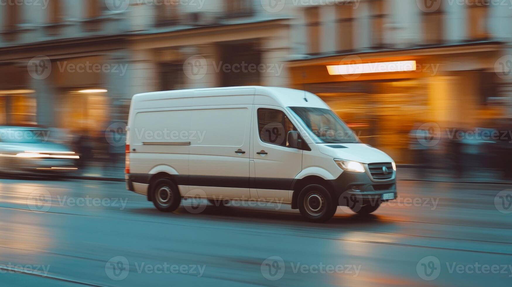 Delivery van navigates urban streets during the late afternoon rush hour in a bustling city photo