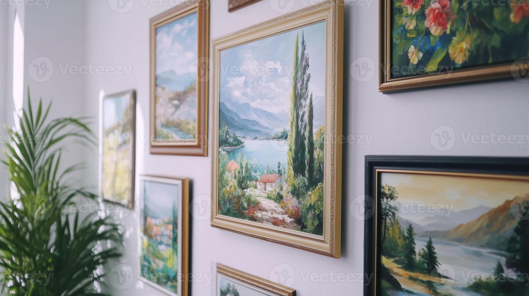 Elegant art pieces displayed on a gallery wall with a serene lake view and lush landscapes during daylight photo