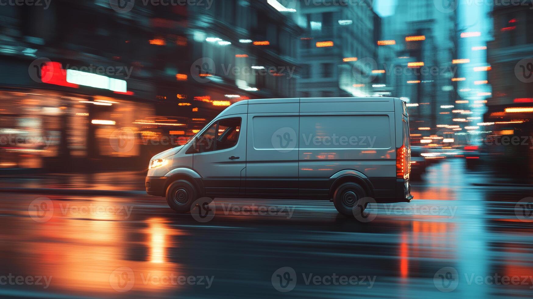 Delivery van drives through a bustling urban street at night with blurred city lights illuminating the scene photo