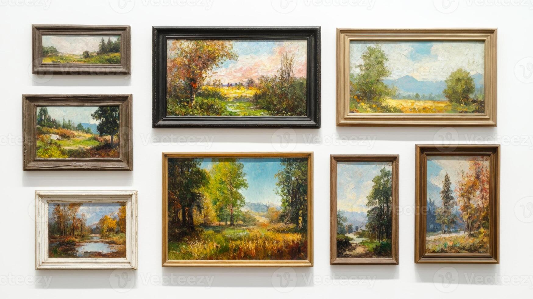 Artistic display of multiple landscape paintings showcasing seasonal changes in colors and environments at an exhibition photo