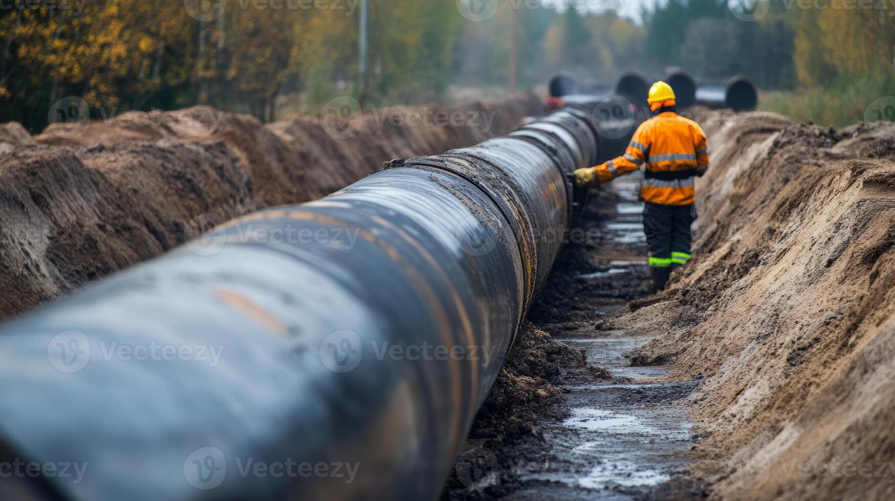 Worker installing a large pipeline in a trench during the day in a rural area photo
