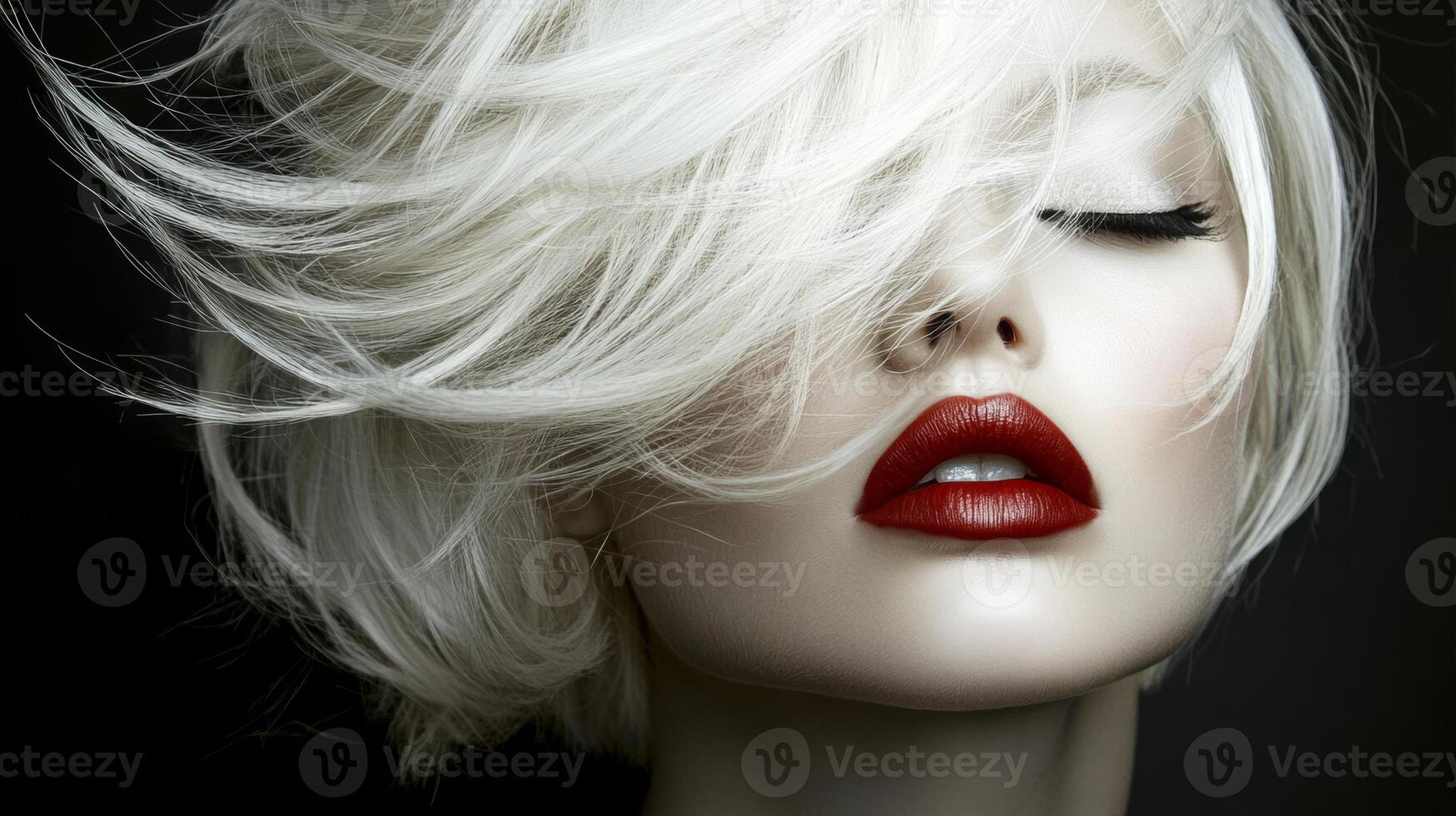 Captivating model with striking red lips and short blonde hair posing against a dark backdrop photo