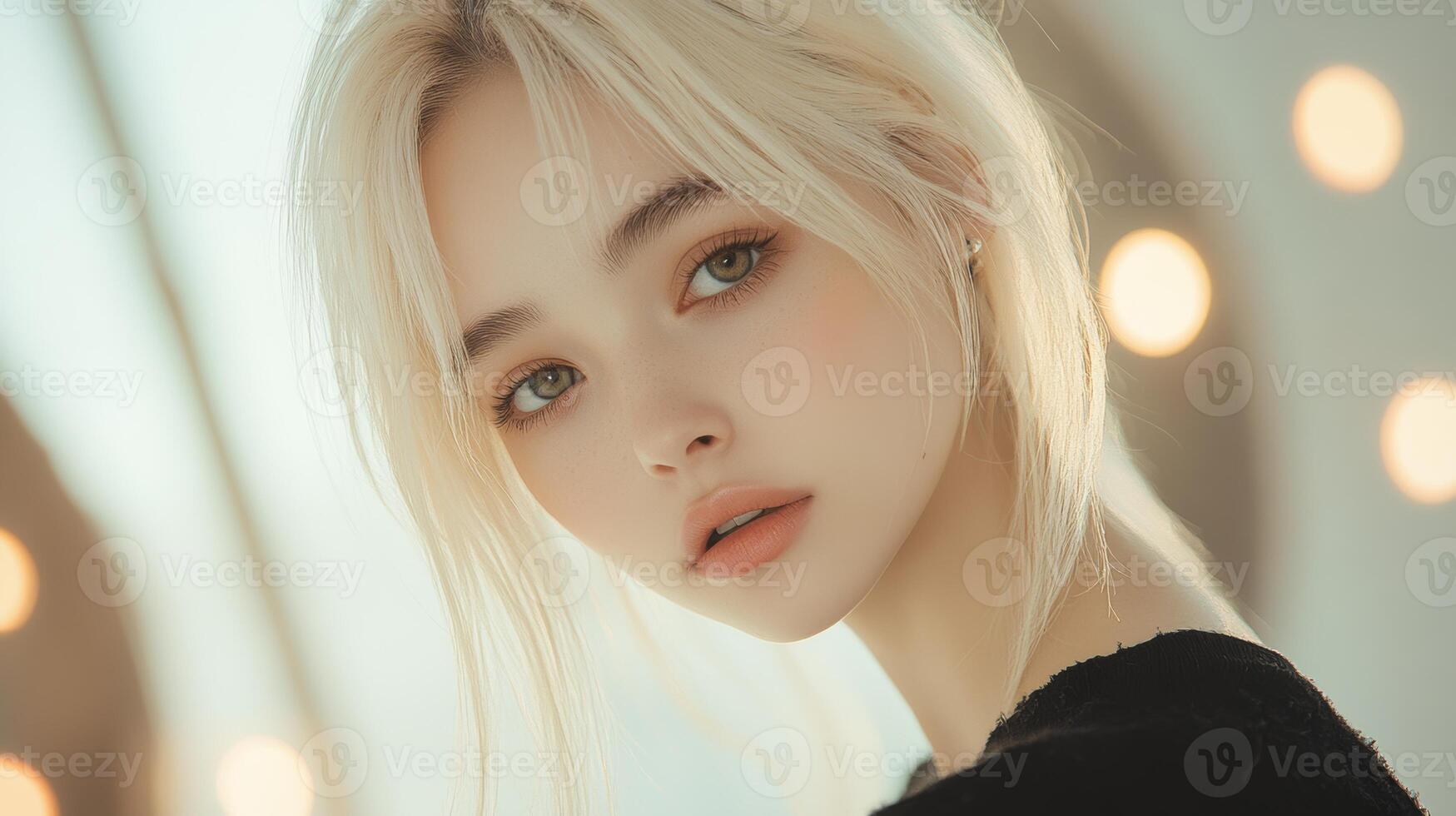 Young woman with blonde hair and captivating eyes posing in a softly lit studio with warm bokeh lights in the background photo
