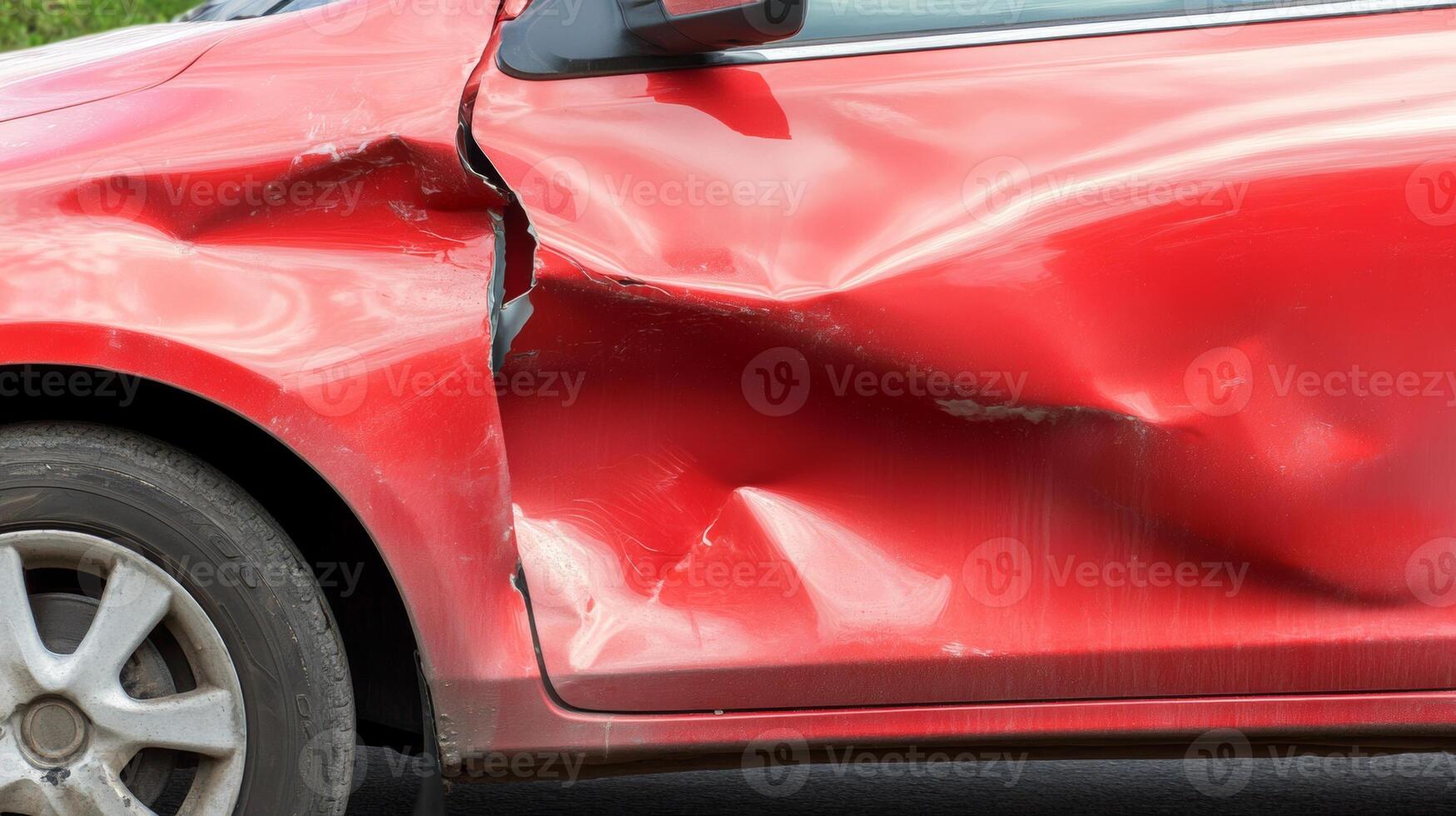 Red car with severe damage parked on road after a collision during daytime in urban area photo