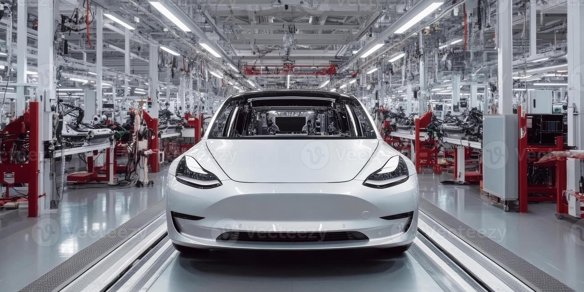 Modern electric vehicle assembly line showcasing production process in a large manufacturing facility photo