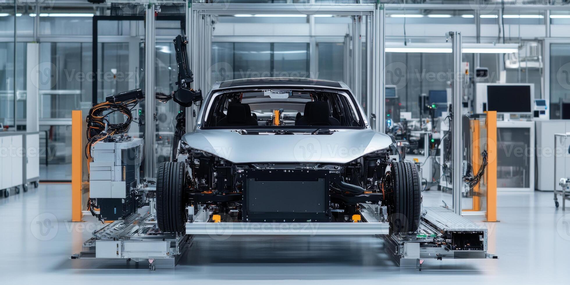 Electric vehicle assembly in a modern automotive manufacturing facility in the early morning photo
