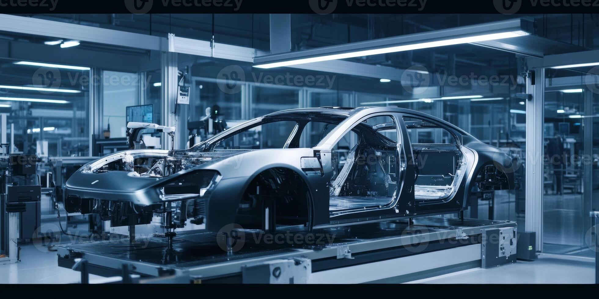 Sleek electric vehicle chassis displayed in a modern manufacturing facility during daytime hours photo
