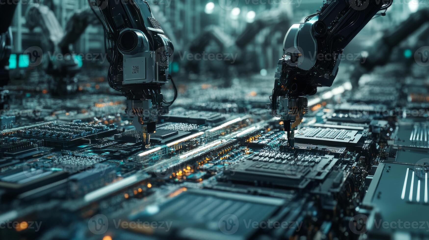 Advanced robotic arms assembling complex circuit boards in a high-tech manufacturing facility photo
