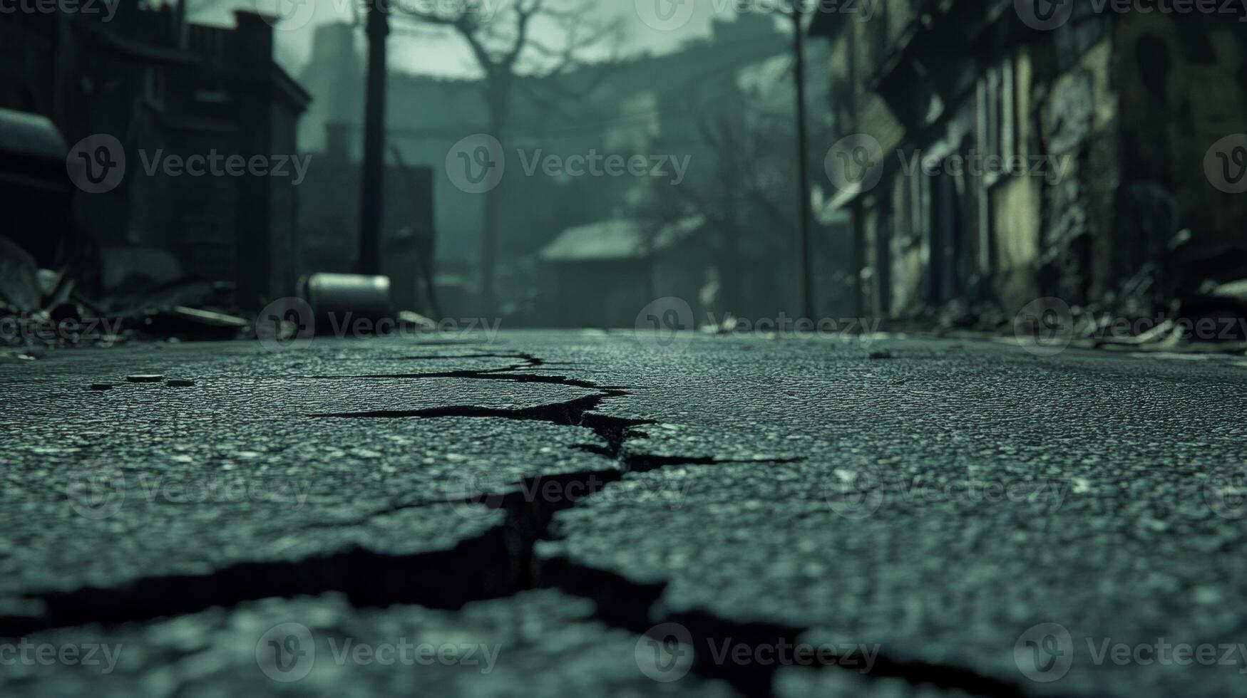 Desolate cracked street in a post-apocalyptic urban landscape with abandoned buildings and a melancholic atmosphere photo
