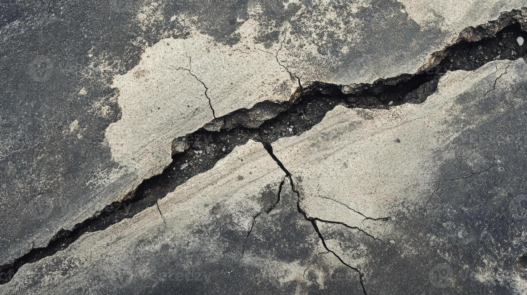 Cracked pavement showing signs of erosion and weathering in an urban area during daylight hours photo