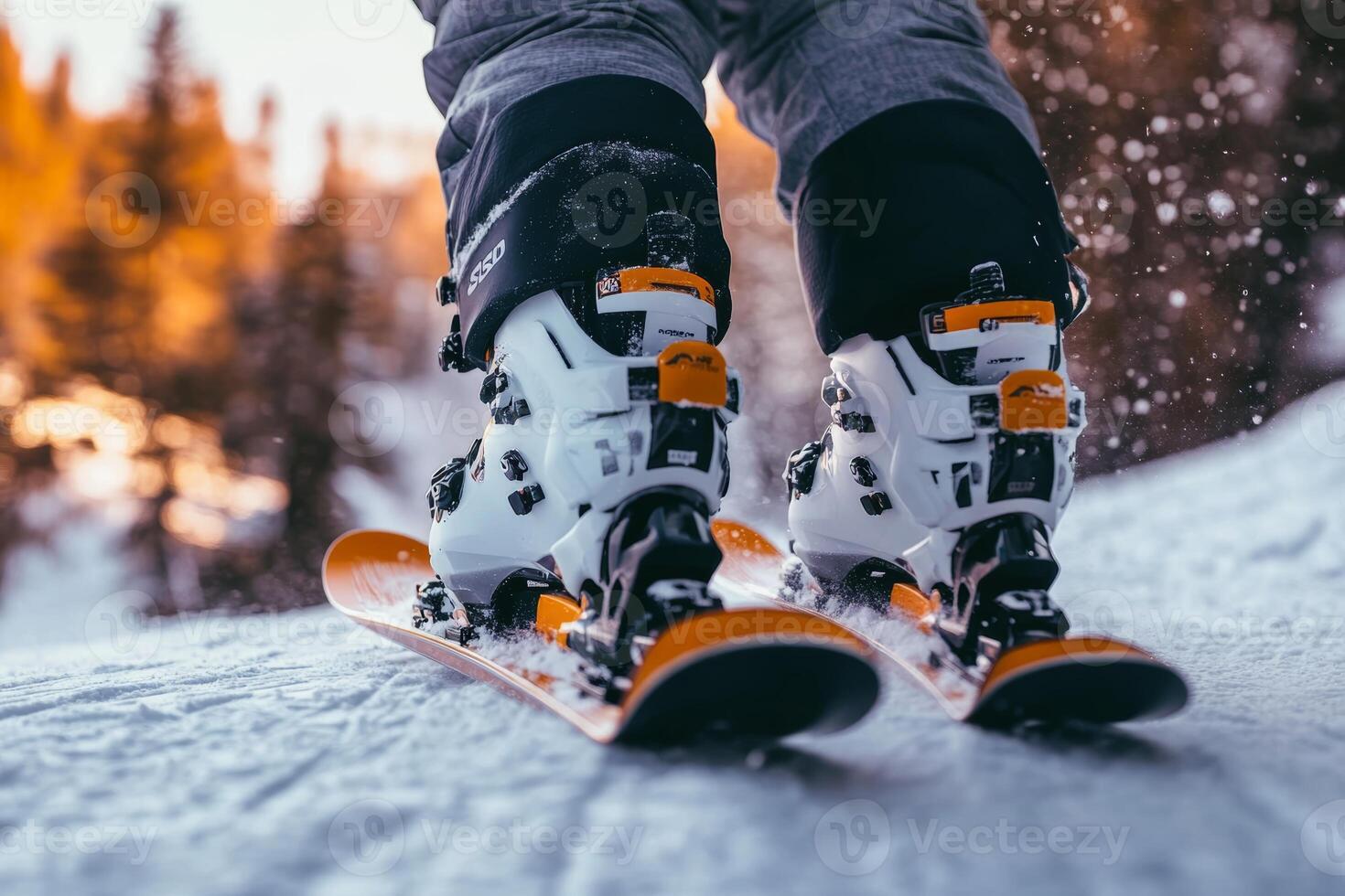 Snowy mountain adventure skiing on a bright winter day with stunning alpine scenery in the background photo
