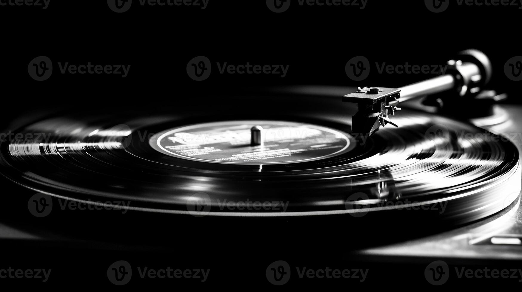 Classic vinyl record spinning on a turntable in a dimly lit room creating a nostalgic atmosphere photo