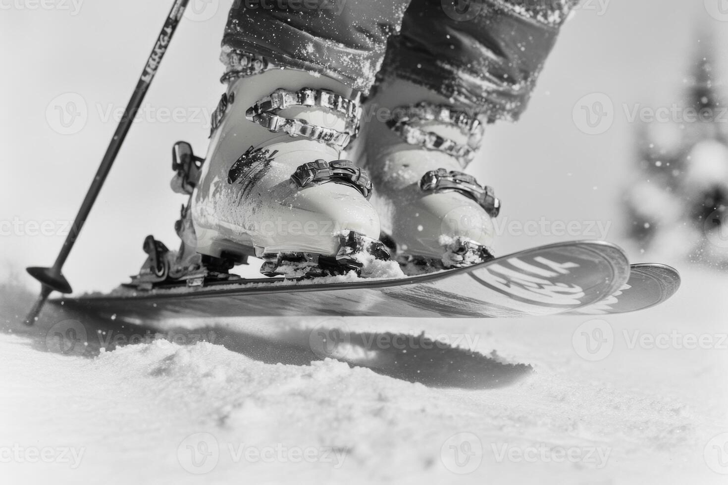 Ski boots gripping snow while preparing for a downhill run in a winter landscape photo