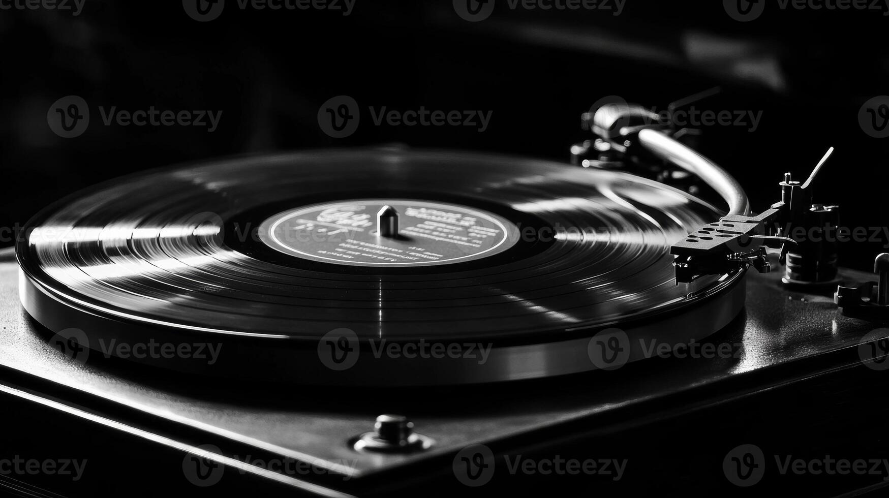 Vintage vinyl record spinning on a turntable in a music studio setting during the evening photo