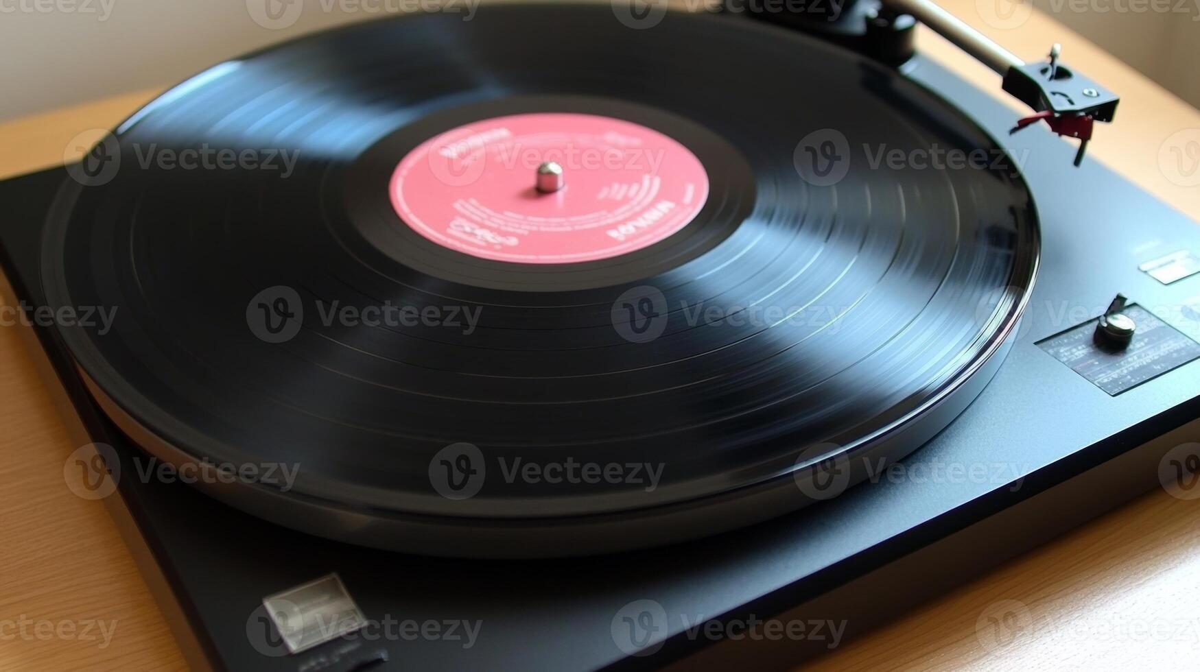 Classic vinyl record spinning on a turntable in a cozy indoor setting during afternoon light photo