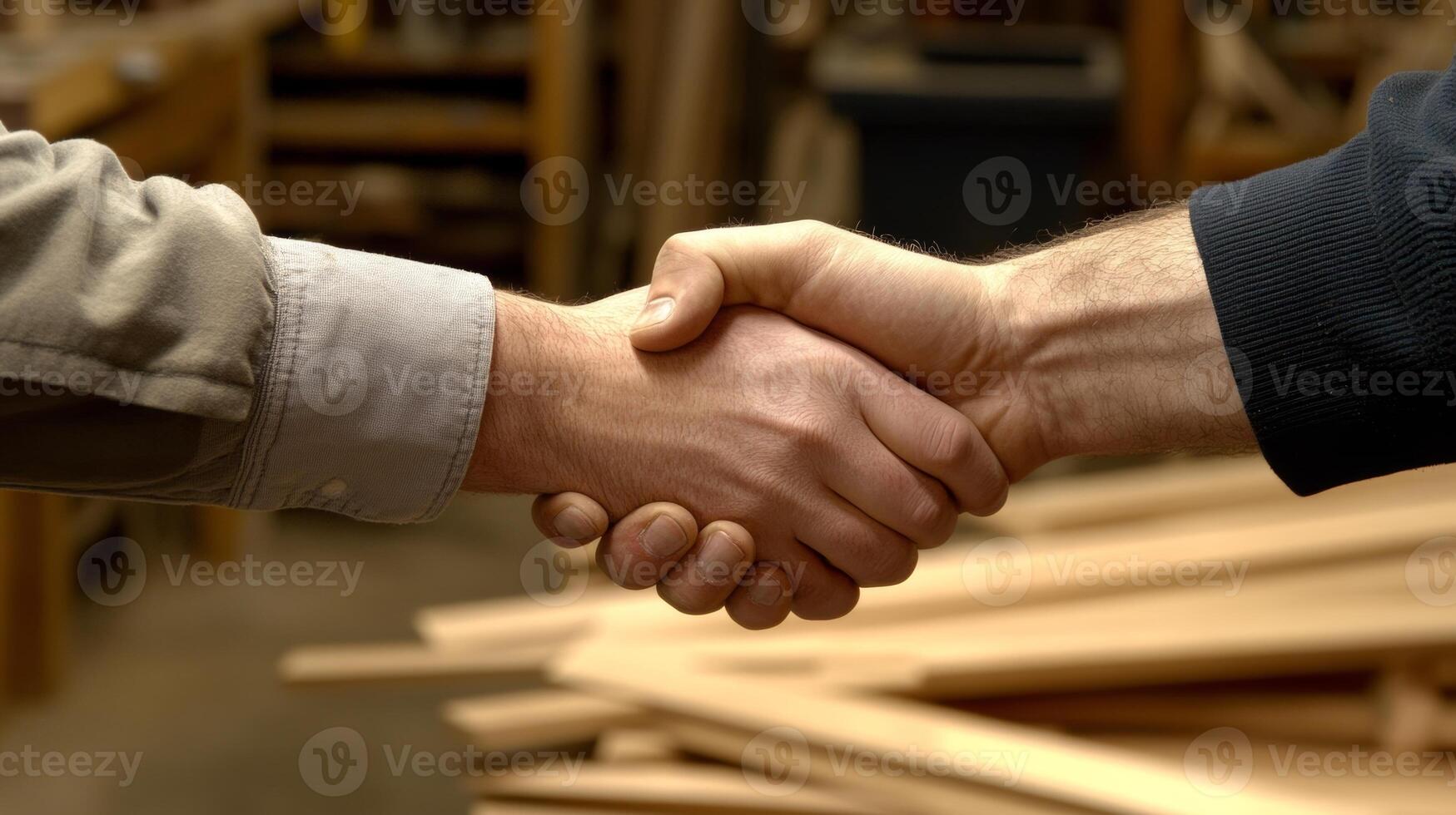 Two individuals sealing a deal with a handshake in a woodshop setting during daylight hours photo